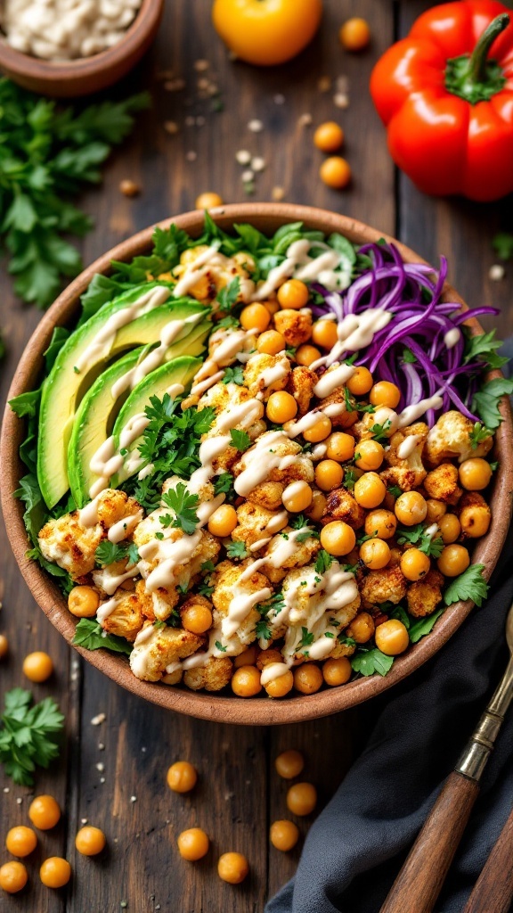 A spiced cauliflower and chickpea Buddha bowl with greens, avocado, and tahini dressing on a wooden table.